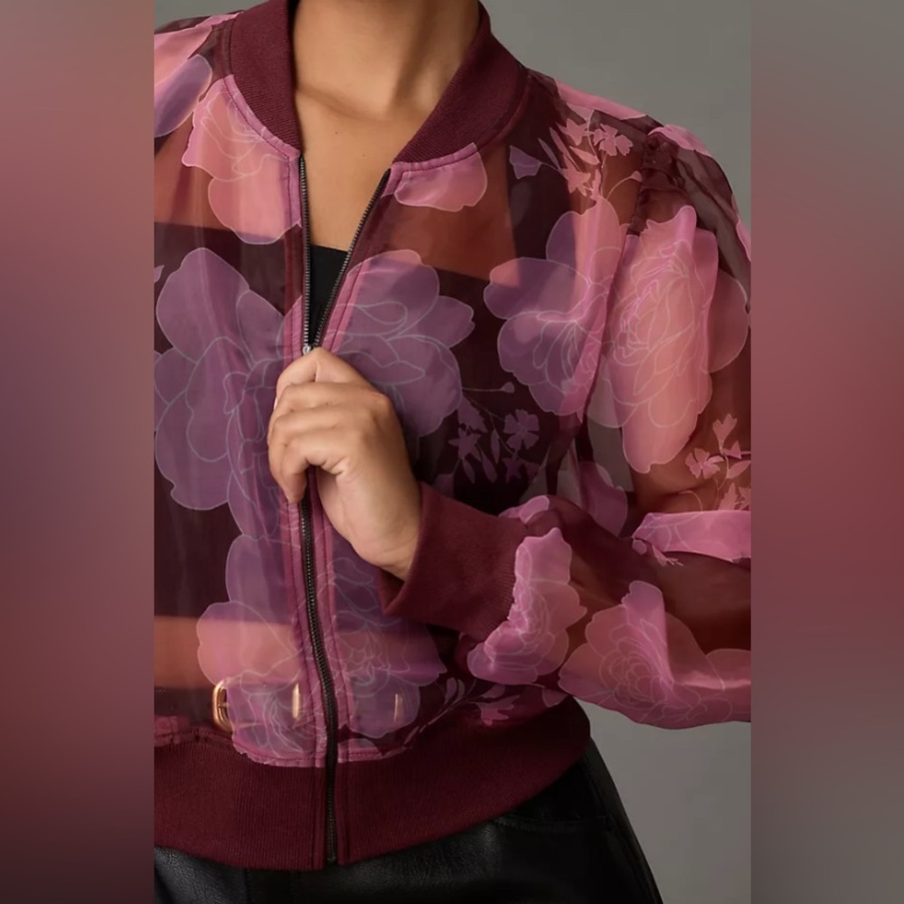 DOLAN Sheer Organza bomber Jacket - Pink and Burgundy - Anthropologie NWT